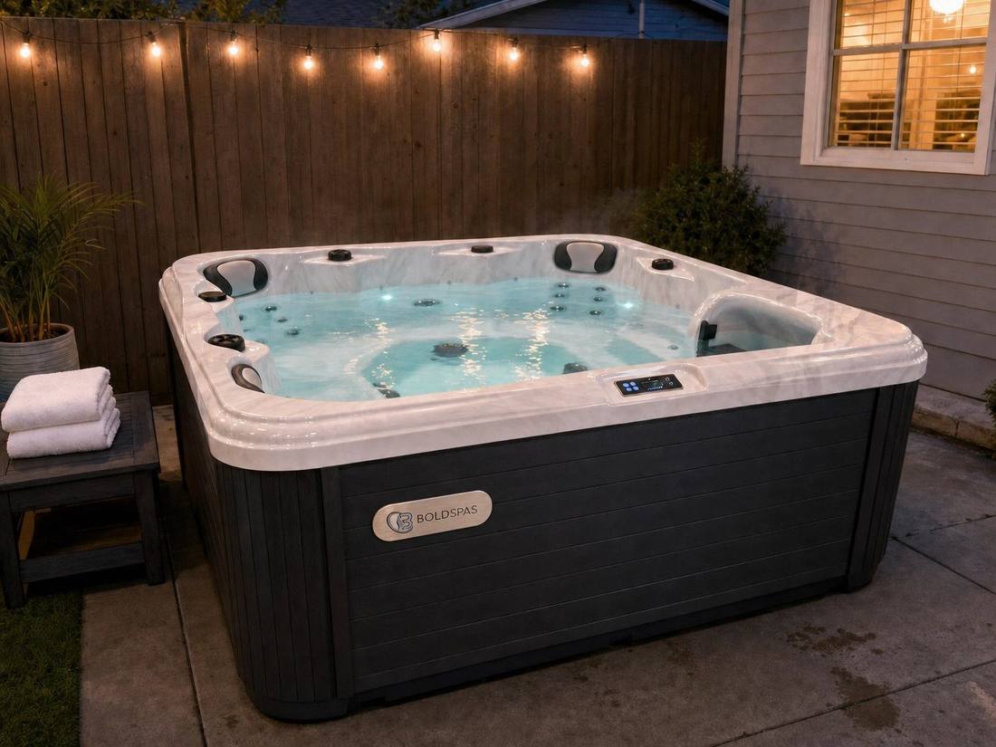 Bold Wellness hot tub on a backyard patio with string lights