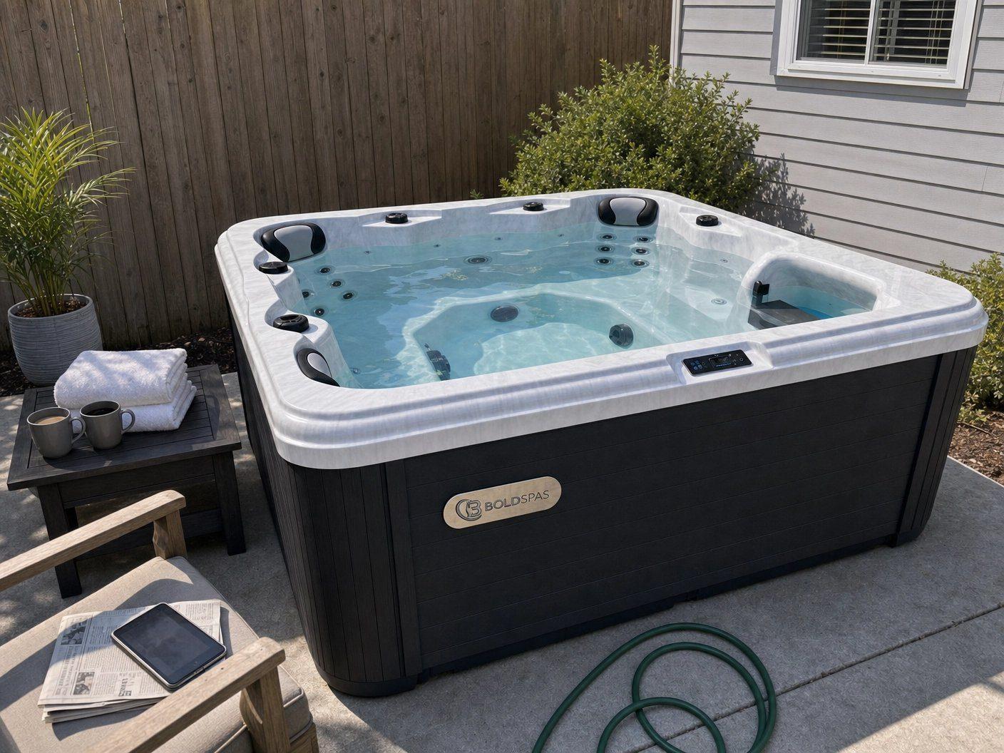 Hot tub on a sunny patio with coffee on the side table