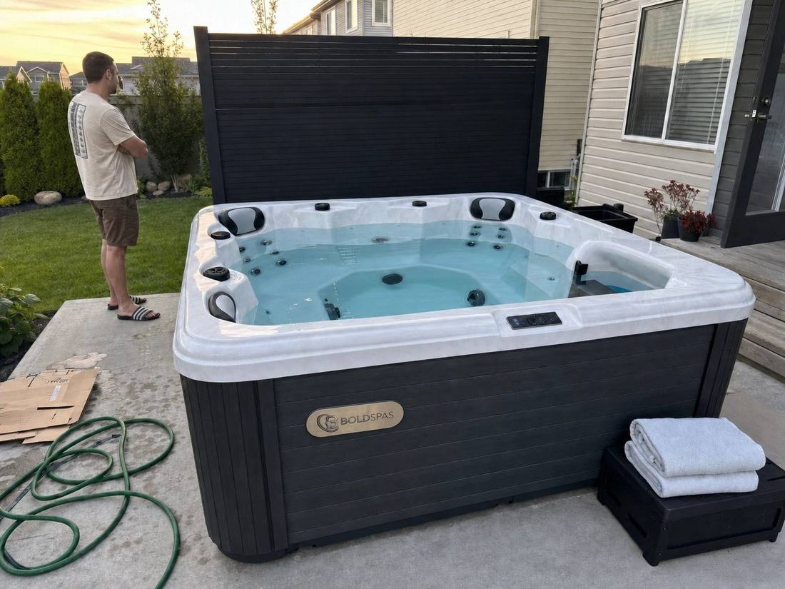 New homeowners reviewing their freshly installed hot tub