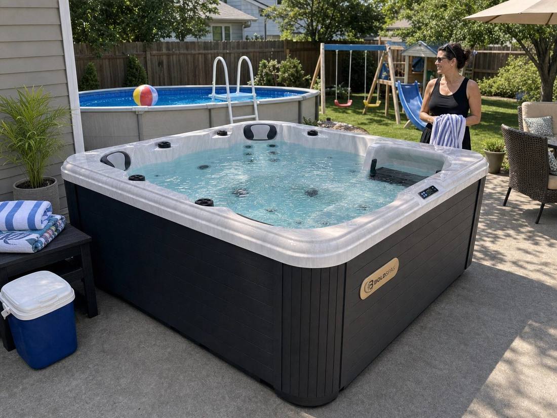 Hot tub in a family backyard next to a swimming pool