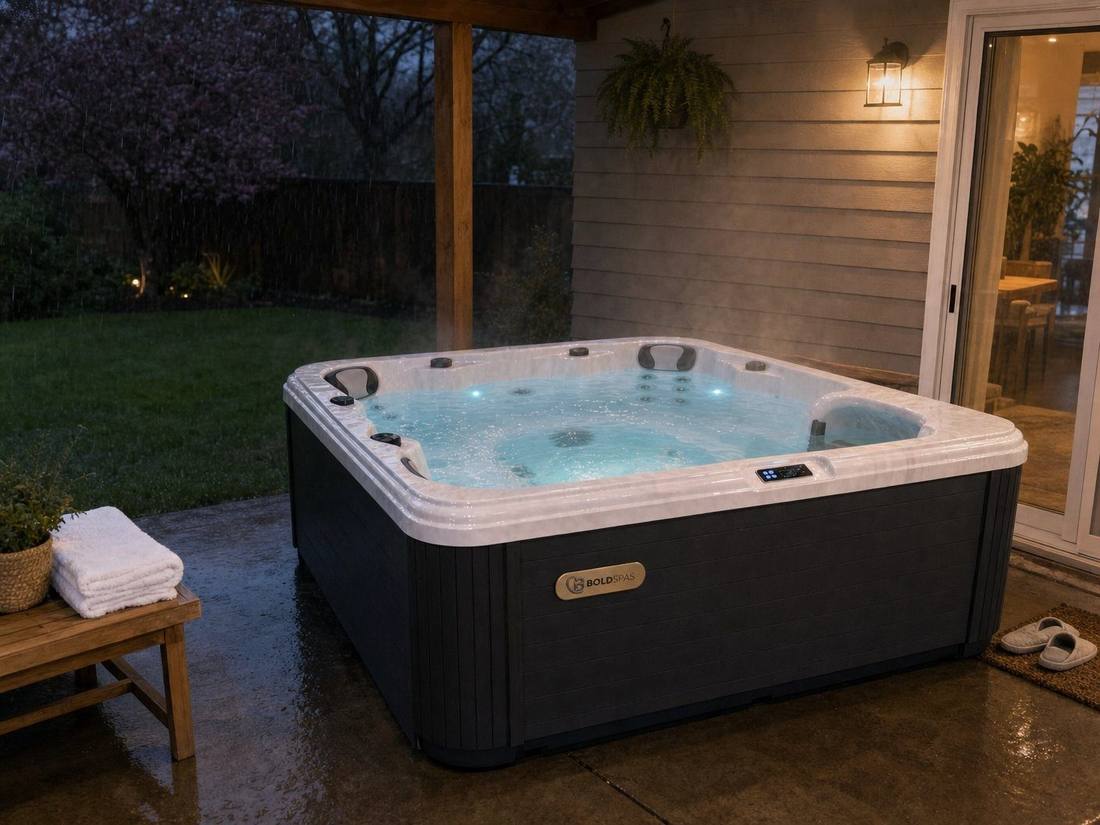 Hot tub on a covered patio in the rain at dusk